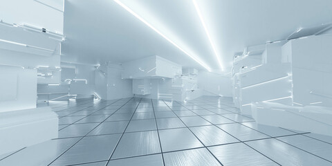 bright futuristic studio laboratory empty hall 3d render illustration