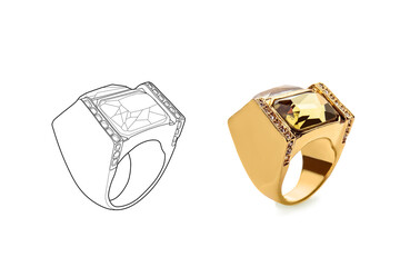 Beautiful golden ring and its sketch on white background
