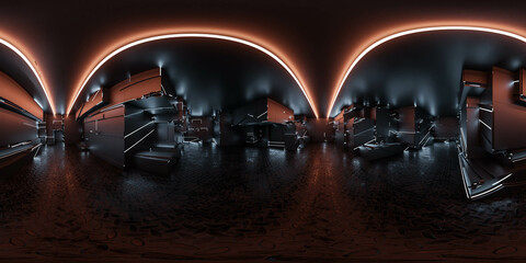 360 degree full panorama environment map of dark futuristic studio laboratory empty hall 3d render illustration hdri hdr vr virtual reality