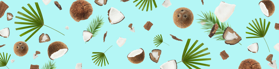 Many coconuts and tropical leaves on light blue background. Banner for design