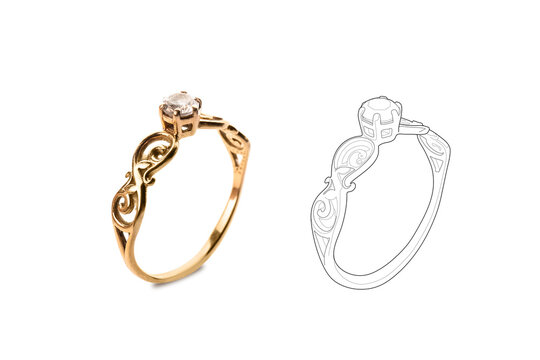 Beautiful golden ring and its sketch on white background