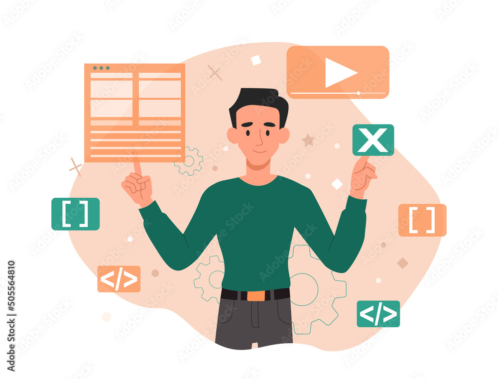 Poster web development concept. man analyzes tables and writes code for website page. development and innov