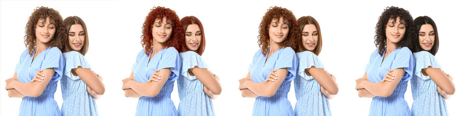 Set of beautiful young women with different hair color on white background
