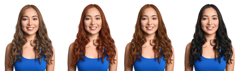 Set of beautiful young Asian woman with different hair color on white background