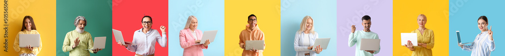 Poster set of different people with laptops on colorful background