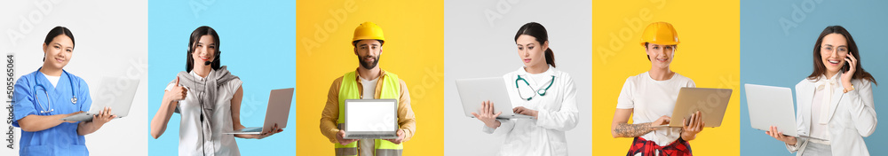 Poster many people of different professions with laptops on colorful background