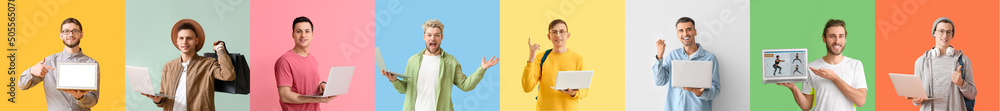 Poster set of different men with laptops on colorful background