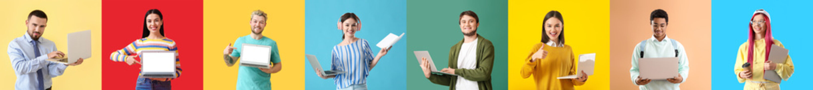 Set of many people with laptops on colorful background