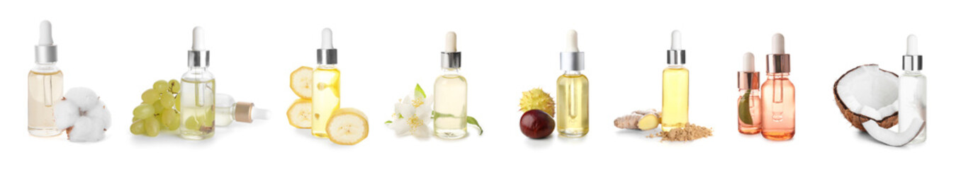 Set of many different essential oils isolated on white
