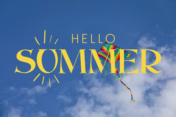 Colorful kite flying in blue sky. Hello, summer