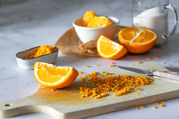 Candied orange peel in sugar. Image of home-made candied orange peel. candied oranges cut into...