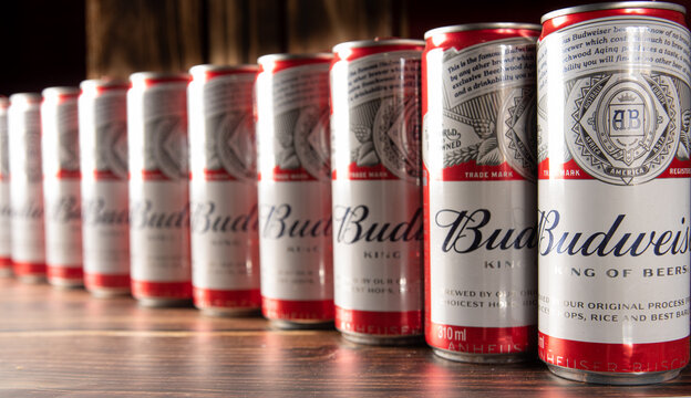 Araras, Sao Paulo, Brazil, May 18, 2022. Empty Budweiser beer cans arranged over wood, selective focus.