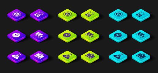 Set Test tube radiation, Radioactive cargo train, Atom, Truck with materials, warning lamp and icon. Vector