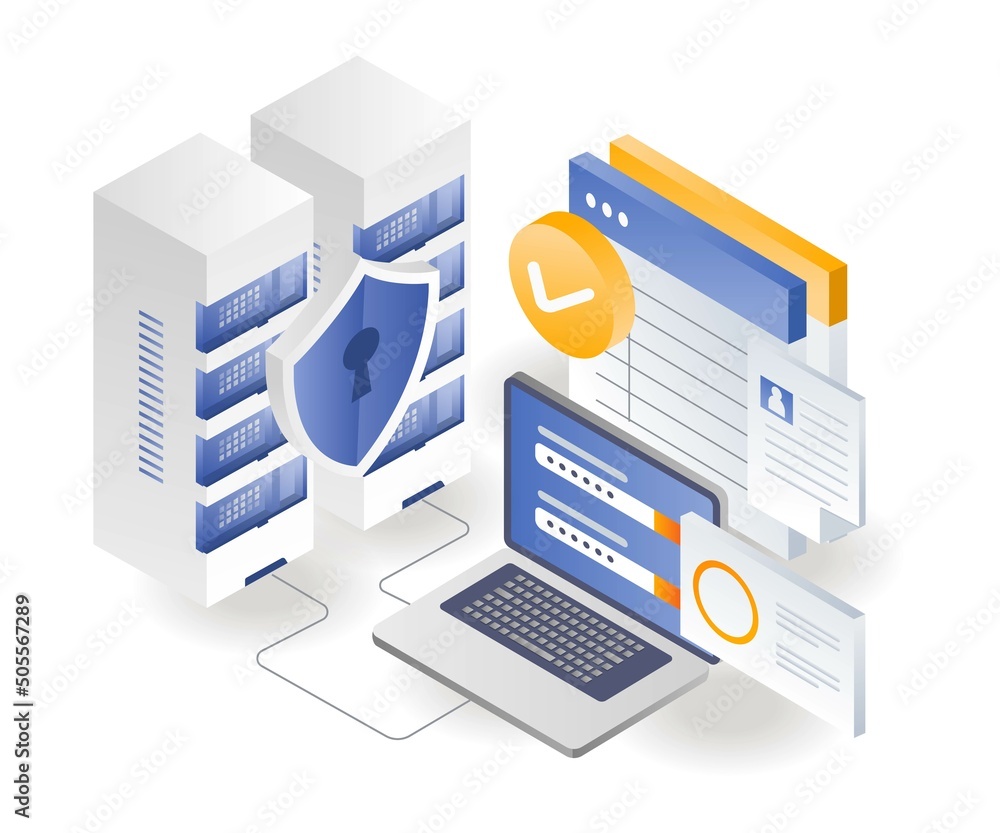 Poster flat isometric illustration concept. store data on secure servers