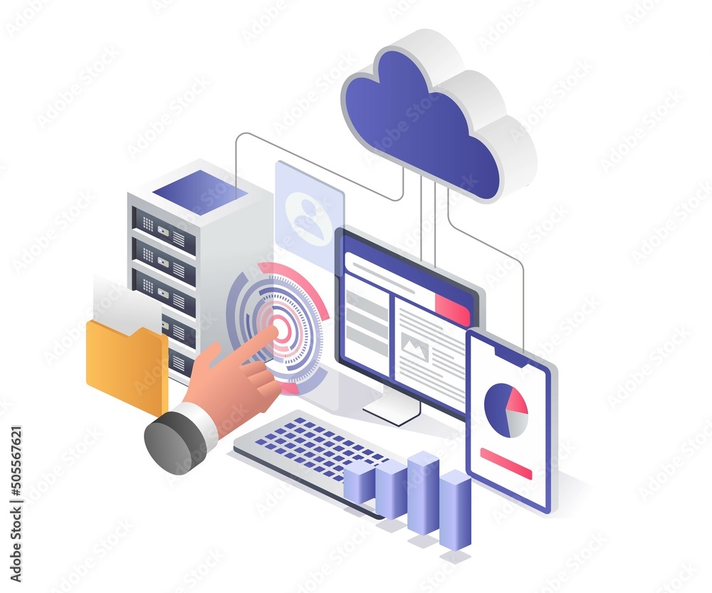 Poster flat isometric illustration concept. control web developer cloud server analysis