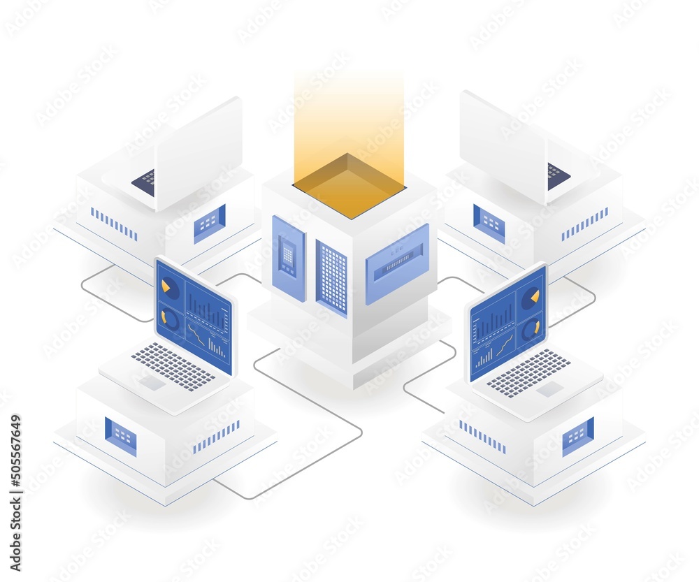 Aufkleber flat isometric illustration concept. computer network with server analysis