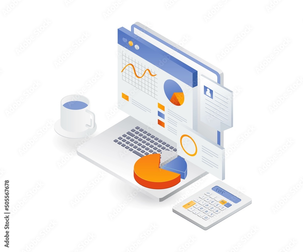 Poster Flat isometric illustration concept. computer data analysis