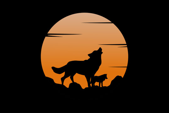 Silhouette of Howling Wolf with Golden Full Moon Illustration logo design