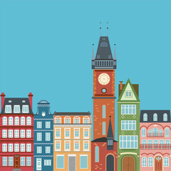 European city street. West european styled buildings. Facades with doors, windows and design elements. Vector design for card, wallpaper.