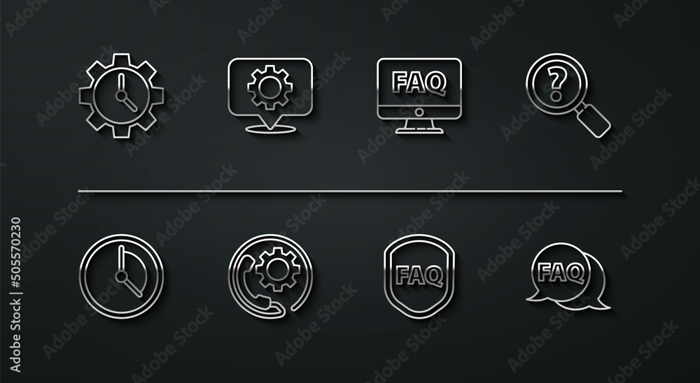 Poster set line time management, unknown search, shield with text faq, telephone 24 hours support, location