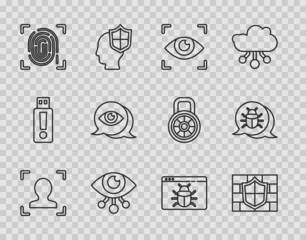 Set line Face recognition, Shield with brick wall, Eye scan, Fingerprint, System bug and icon. Vector