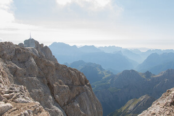 Punta Rocca 3309 m , with the mountain station for the Malga Ciapela cable car, Italian Alps.