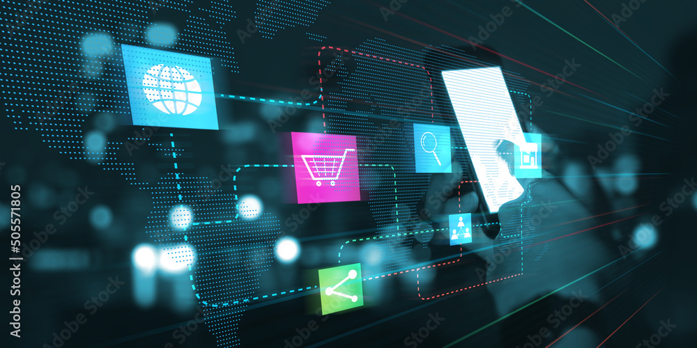 Poster businessman using mobile phone network sharing data used for digital marketing advertisement, collec