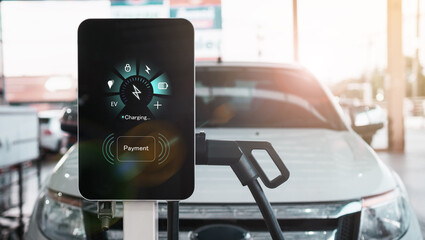 Ev electric vehicle charging station hub with visual icon screen display ui user self refueling...