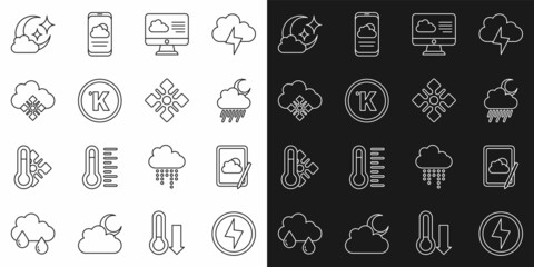 Set line Lightning bolt, Weather forecast, Cloud with rain and moon, Kelvin, snow, and Snowflake icon. Vector