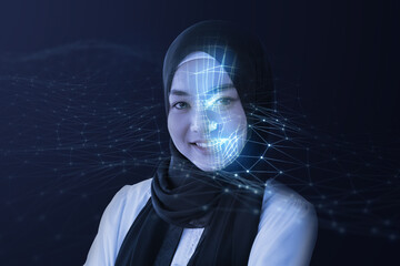 Face detection AI technology, facial recognition security user identification access, Asian Muslim...