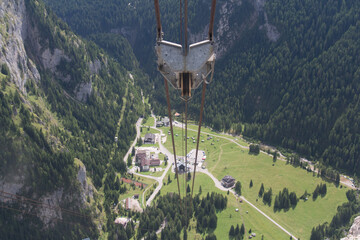 Marmolada cable car. Aerial view on the valley station of Malga Ciapela, Rocca Pietore, Dolomites,...