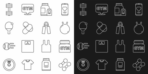 Set line Dumbbell, Sports nutrition, Kettlebell, Racket and ball, and expander icon. Vector
