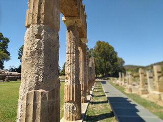 Side view of the ruins of the temple of Artemis at Brauron  (Vravrona) in Attica, Greece
