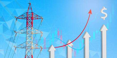 A red-white pole of a high voltage power line, stock price charts and ascending arrows with the...