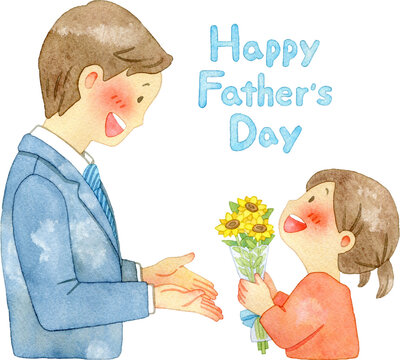 ヒマワリの花束を贈る子供と喜ぶ父親のイラスト(文字入り)【父の日】