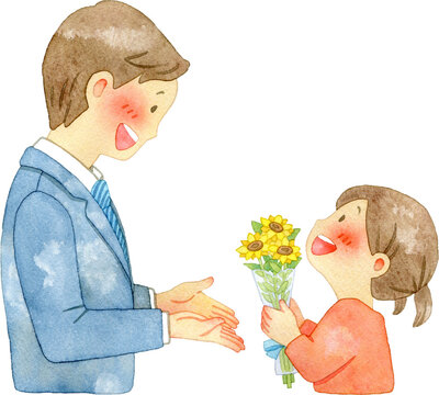 ヒマワリの花束を贈る子供と喜ぶ父親のイラスト【父の日】
