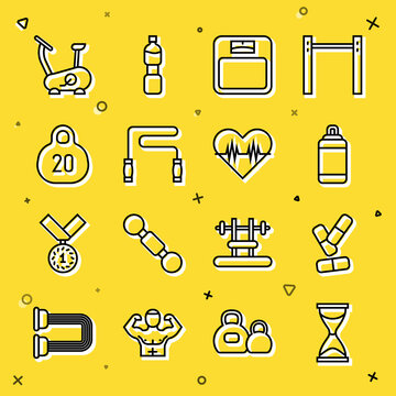 Set line Old hourglass, Vitamin pill, Punching bag, Bathroom scales, Jump rope, Kettlebell, Stationary bicycle and Heart rate icon. Vector