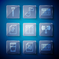 Set line Drum, Music book with note, Grand piano, synthesizer, Clarinet and Musical tuning fork icon. Vector