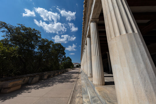 Athens, Greece - July 26, 2021: Stoa of Attalos, covered walkway or portico in the Agora of Athens. Typical for Hellenistic age, the stoa was more elaborate and larger than earlier building of ancient