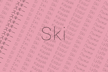 Fototapeta premium Word Ski in languages of world. Logo Ski on Pinkish color