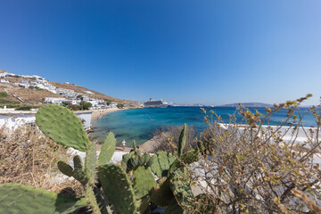 Mykonos, Greece - July 3, 2021: Panoramic landscape view over the coastline of Mykonos, second...