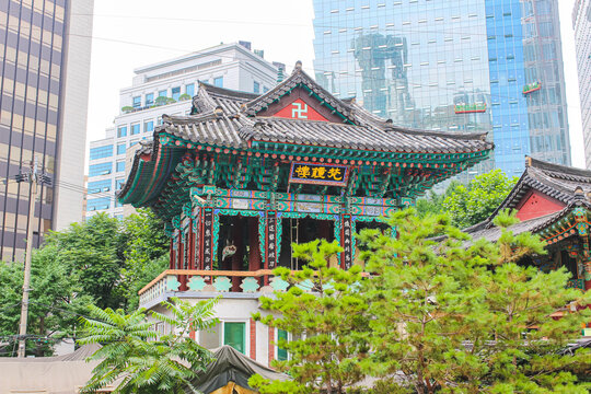 Seoul, South Korea - July 24, 2021: Jogyesa  or Jogye Temple, is the chief temple of the Jogye Order of Korean Buddhism. Jogyesa Temple features mix of traditional temple and palace architecture.