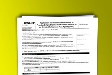 Form 8554-EP documentation published IRS USA 09.30.2020. American tax document on colored