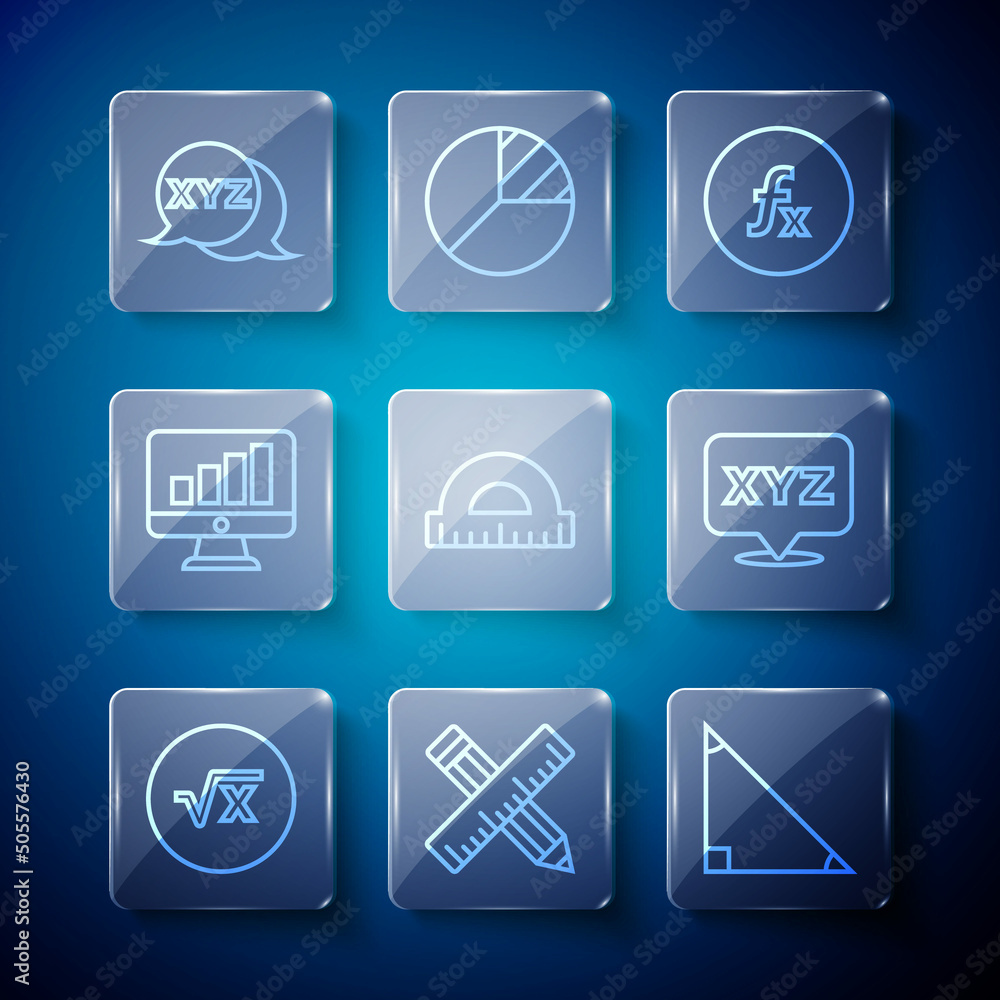 Poster set line square root of x glyph, crossed ruler and pencil, triangle math, function mathematical symb
