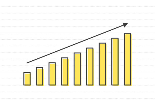 右肩上がりの矢印と黄色の棒グラフとノートのような罫線入り背景のイラスト - 増える・上昇・好調のイメージ素材