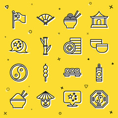 Set line Yin Yang, Firework, Chinese tea ceremony, Asian noodles bowl, Bamboo, China flag, flagpole and Yuan currency icon. Vector