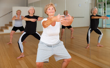 Mature women who are engaged in the dance section in the studio at a group lesson perform a plie squat, being in the position ..of a ballet stand