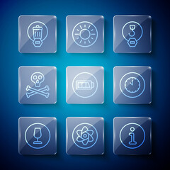 Set line Fragile broken glass, Test tube and flask, Information, Industrial hook, Battery, Bones skull warning, Trash can and Clock icon. Vector