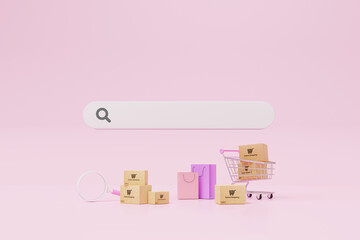 Online shopping concept. Web or mobile application ecommerce. Carton paper box with shopping cart and magnifying glass on pink background with search bar. 3d rendering - obrazy, fototapety, plakaty