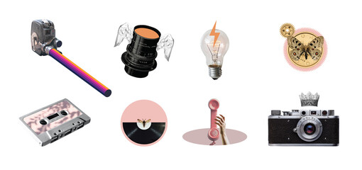 Technology banner clip arts including light, camera, record, phone, collage illustrative design